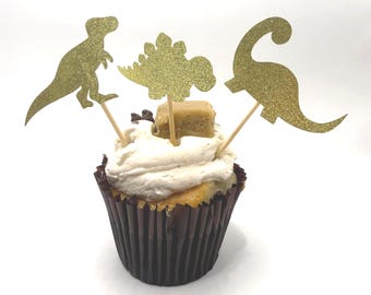 Gold Glitter Dinosaur Cupcake Toppers, Jurassic Baby Shower Picks (Set of 12)