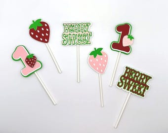 Strawberry First Birthday Cupcake Toppers, Berry Sweet Party Decorations