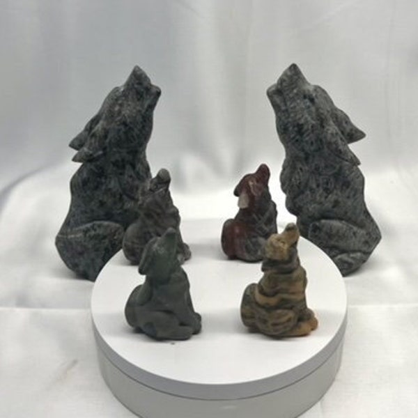 Wolf Crystal Carving, Yooperlite, Chocolate Jade, Green Jade and Tiger Jasper