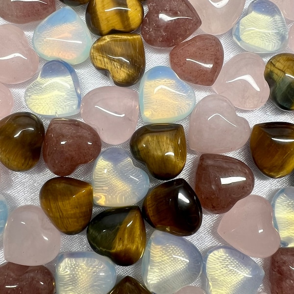 Tigers Eye, Rose Quartz, Opalite and Strawberry Quartz Puffy Heart Crystals