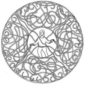 Pode incluir: Um desenho a preto e branco de uma pessoa de pé no centro de um círculo. A pessoa está rodeada por uma série de linhas intrincadas e entrelaçadas que formam um padrão circular.