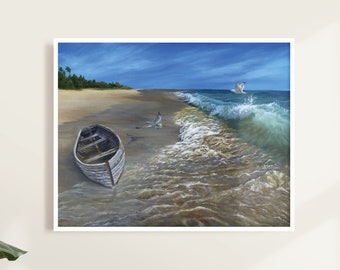 Boat Washed Ashore on Beach Art Print - 16" x 20" Poster Art Print of Original Painting