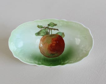 Small Oval Antique Dish with Hand Painted Apple Made in Germany