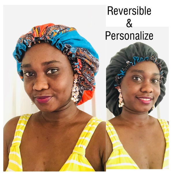 Reversible satin women bonnet , personalized bonnet for women , Ankara women bonnet , Ankara baby bonnet , custom woman sleeping cap