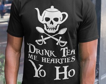 Pirate T-shirt Drink Tea Me Hearties Yo Ho - Unisex Pirate Crew Neck Eco Tee, Organic Ethical Sustainable - Eco Pirate Tee - size XS-5XL