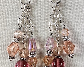 Blush Pink & Rose Crystal Cluster Earrings – Silver Tone Dangle Earrings – Romantic Beaded Statement Jewelry