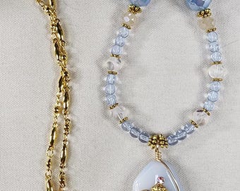Green Girl Studios Angel Necklace – Blue Beaded Necklace with Gold Accents, Artisan Angel Pendant, OOAK Spiritual Jewelry