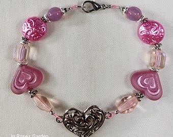 Pink Heart Charm Bracelet – Romantic Glass Bead Bracelet with Filigree Heart, Valentine Jewelry, Handmade Gift for Her