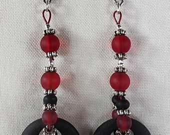 Red & Black Sea Glass Drop Earrings – Matte Glass Beads with Silver Accents, Coastal Artisan Jewelry