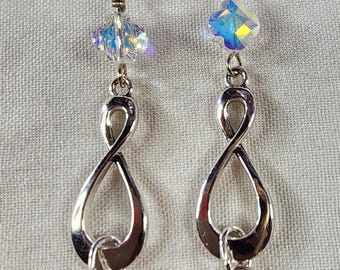 Crystal & Silver Infinity Dangle Earrings – Iridescent Crystal Drop Earrings – Elegant Silver Tone Statement Jewelry