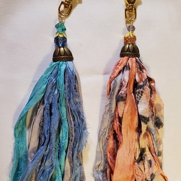 Sari Silk ribbon Purse Charm in either blue/gray or peach/gray.