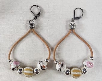 Leather Teardrop Earrings with Hand-Painted Porcelain Beads – Rustic Boho Floral Dangle Earrings