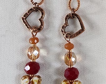 Rustic Copper Heart Earrings – Autumn Boho Dangle Earrings – Red & Gold Beaded Romantic Drop Earrings