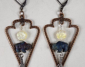 Handmade Boho Arrowhead Earrings with Raku Bison and Feathers