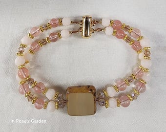 Strawberry Quartz Double Strand Bracelet | Czech Glass Accent, Gold Jewelry