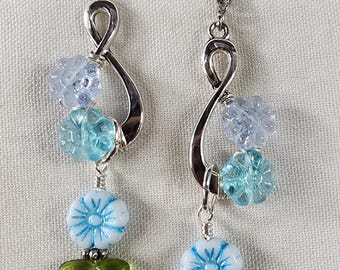 Blue Flower & Green Leaf Dangle Earrings – Silver Infinity Drop Earrings – Garden Inspired Beaded Jewelry