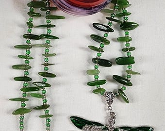 Enchanted Canadian Jade Chip Necklace with Dragonfly Pendant