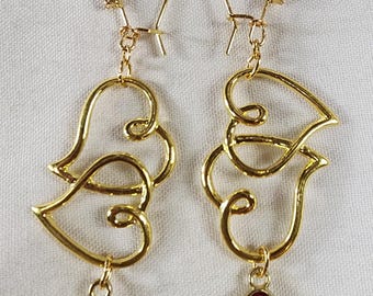Gold Wire Heart Earrings with Fuchsia Crystal Drops – Romantic Handmade Dangle Earrings