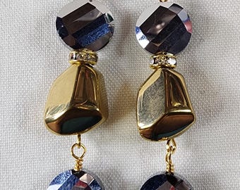 Silver & Gold Dangle Earrings – Faceted Crystal Statement Earrings – Elegant Leverback Drop Earrings