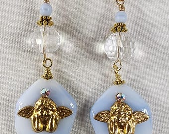Angel Cherub Opalite Dangle Earrings with Gold Heart Studs