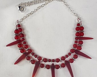 Red Sea Glass Spike Necklace – Layered Matte Glass Beads with Silver Chain, Coastal Statement Jewelry