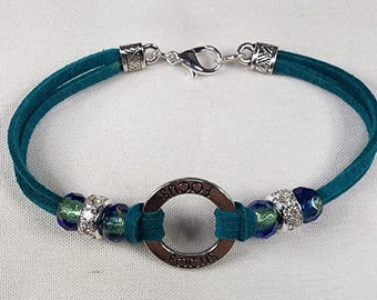 Teal Leather Focus Bracelet with Glass Beads – Handmade Inspirational Wrap Bracelet