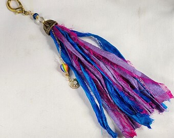 Boho Sari Silk Purse Charm: Ceramic Hot Air Balloon, Sun & Moon