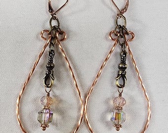 Hammered Copper Teardrop Earrings with Iridescent Crystal Dangles