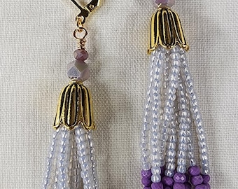 Lavender & Purple Gemstone Beaded Tassel Earrings with Gold Caps