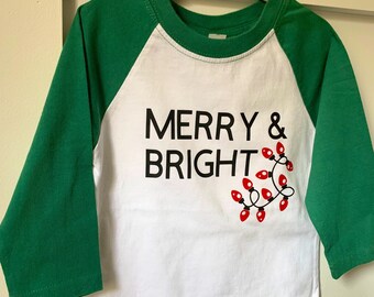 Merry & Bright Raglan T-Shirt, Christmas Shirt, Holiday Baseball T-Shirt