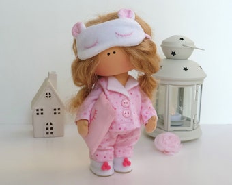Handmade Doll Sleepy Doll in Pajamas Tilda Doll Wear Pajamas Pink Pajamas Doll Interior Doll Collectible Doll Art Doll