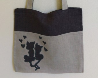 Tote bag   Linen tote bag   Handbag  Shopping bag  Beach bag Cats in love