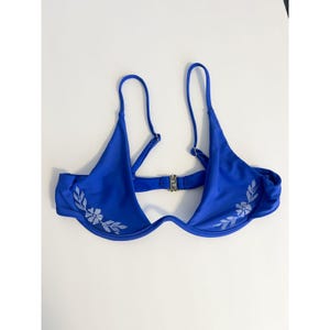 Dainty Bandana Upcycled Block Print Floral Blue Bikini Top - Size Medium