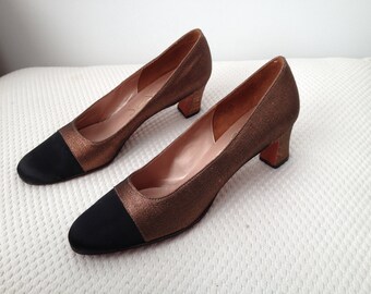 black silk and copper lame evening pumps