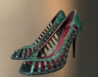 BCBGMAXAZRIA Green Snakeskin Leather Peep Toe Heels US 6.5 Exotic Cage Stiletto