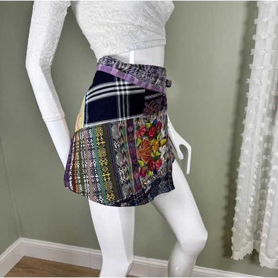 Handmade Patchwork Wrap Mini Skirt Embroidered Co… - image 3