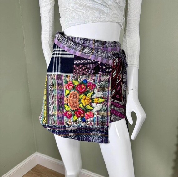 Handmade Patchwork Wrap Mini Skirt Embroidered Co… - image 1
