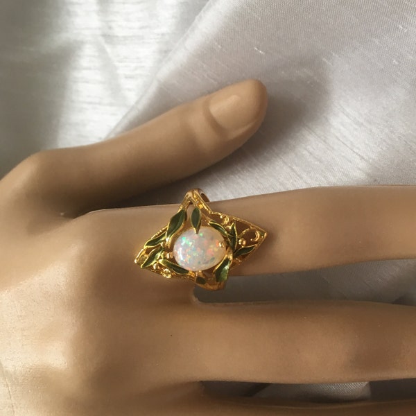 Vintage Opal ring, Unique statement opal ring,ornate opal ring,Opal ring enamel work, vintage enamel opal ring,opal gold over silver ring