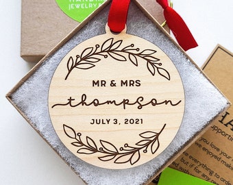 Custom Mr & Mrs Wedding Christmas Ornament - Engagement / Wedding Gift - Engraved Maple Wood Holiday Ornament