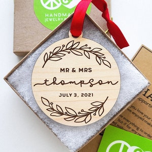 Custom Mr & Mrs Wedding Christmas Ornament - Engagement / Wedding Gift - Engraved Maple Wood Holiday Ornament