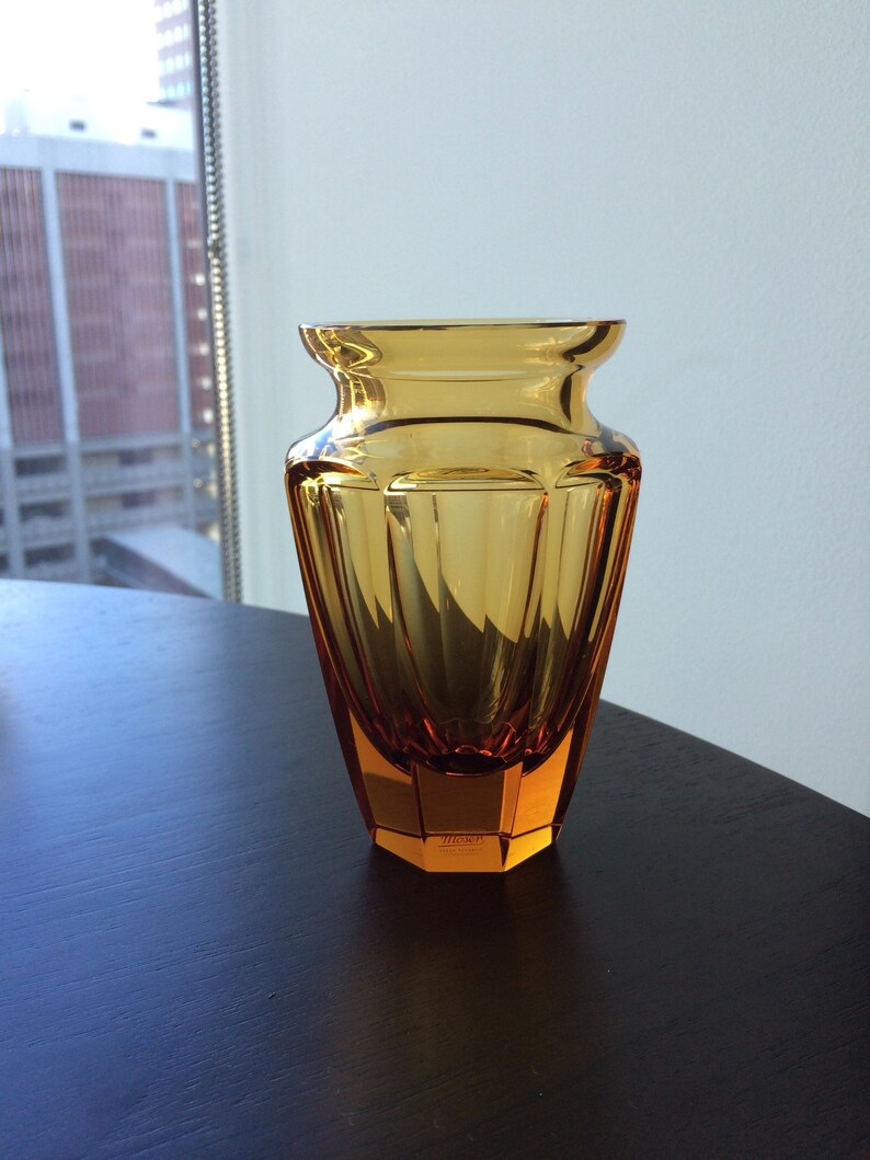 Moser Orange Amber Crystal Vase Czech With Original Sticker Etsy