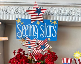 Americana Outdoor Decor: Seeing Stars Sign Metal Stake for Pots or Arrangements