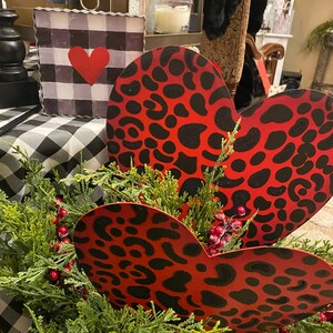 Valentines Day: Leopard Red Hearts Metal Stakes or Hang Set of 2