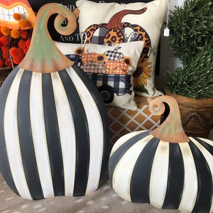 Fall/Halloween Bundle: Set of 2 Large Tall and Large Short Black & White Striped Pumpkins Metal Stake
