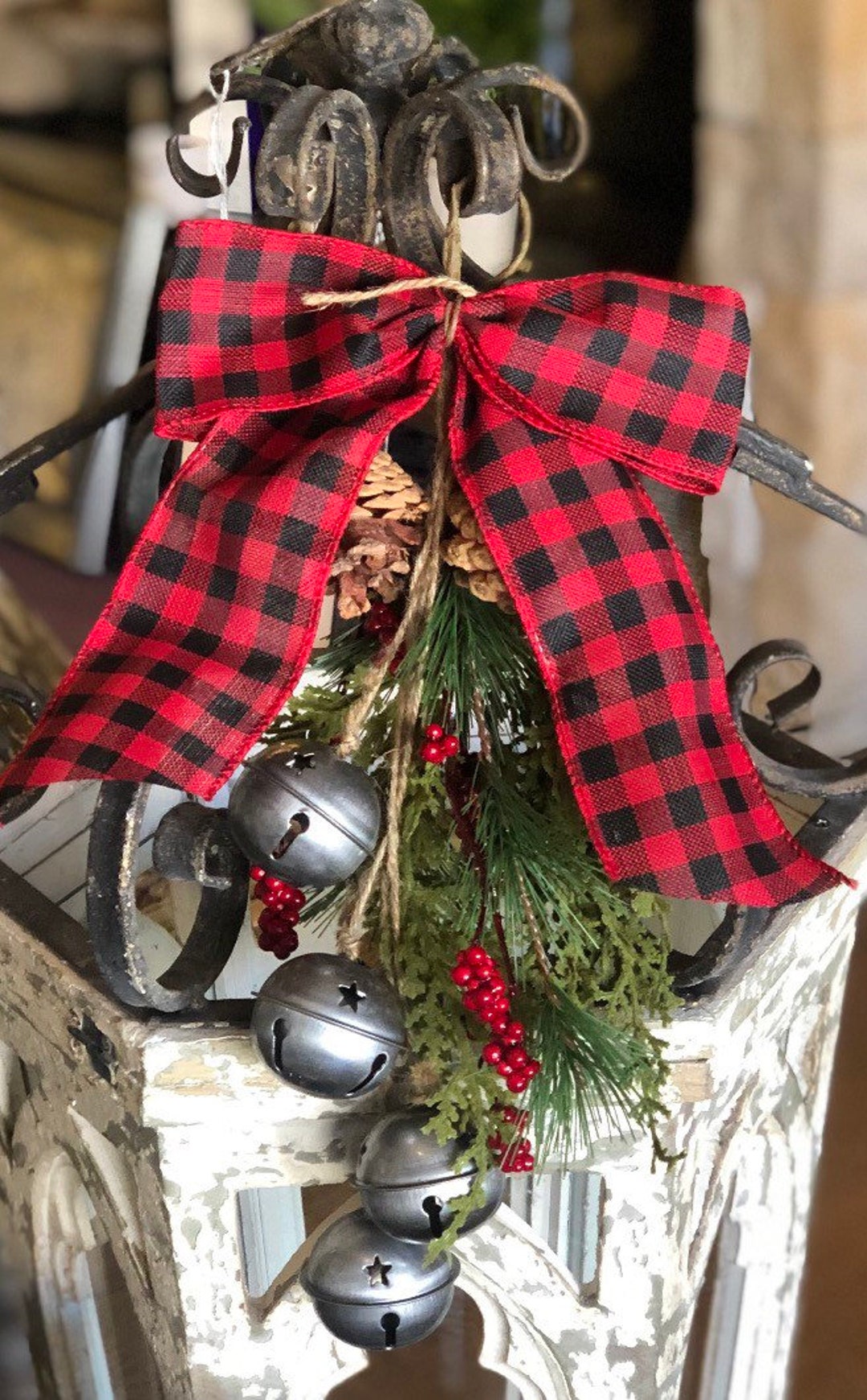 6” Galvanized Bells With Buffalo Check Bow Christmas Ornament