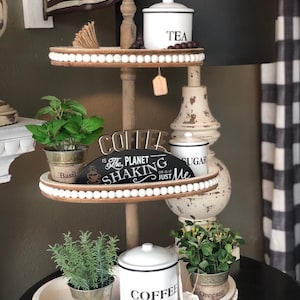 Farmhouse Oval White Bead and Wood 3-Tier Tray; Tiered Tray