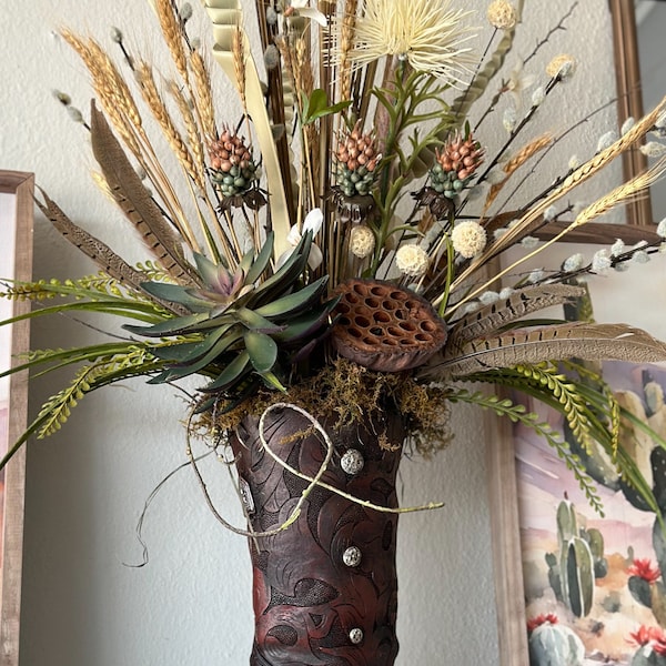 Western Cowboy Boot Arrangement with Succulents, Dried Florals