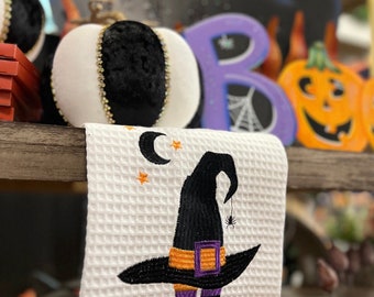 Witch Black Hat and Legs White Waffle Hand Towel