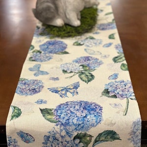 Hydrangea and Butterfly Table Runner: Blue Purple, Green and White