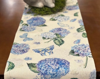 Hydrangea and Butterfly Table Runner: Blue Purple, Green and White